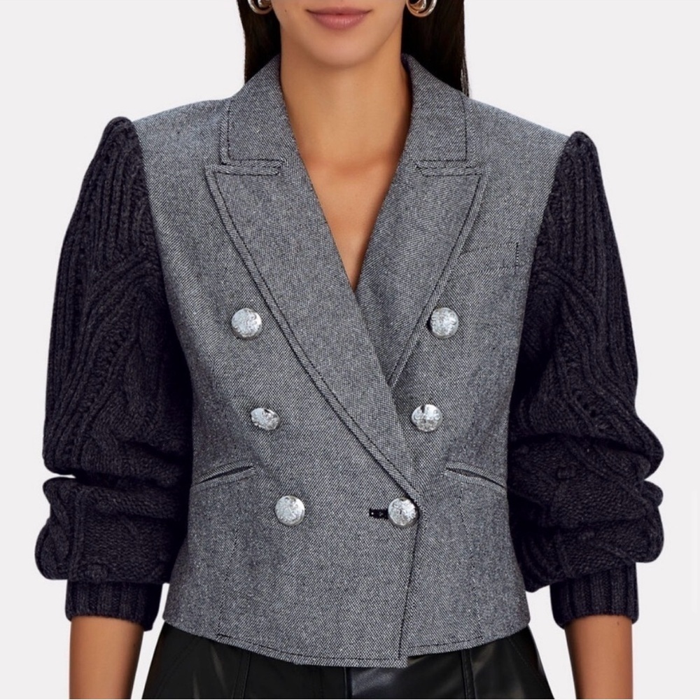 Veronica Beard Gray Double-Breasted Blazer with Black Cable Knit Sleeves NWT